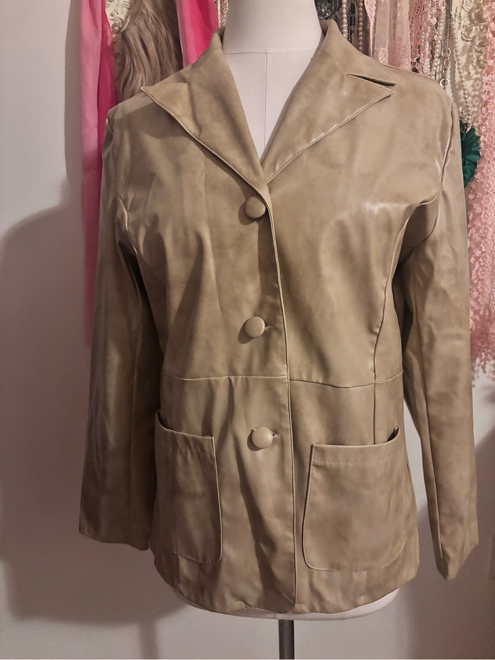 Vintage Paris Blues Tan Faux Leather Blazer Jacket / Y2K